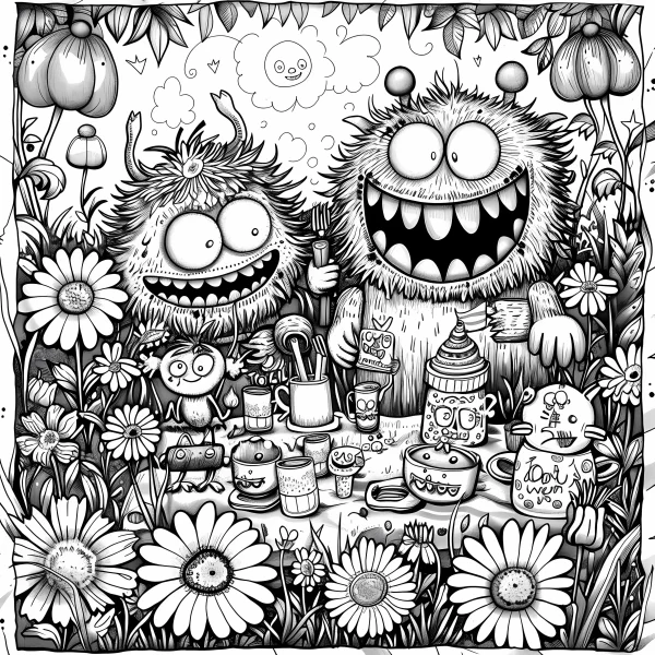 Cute fantasy monsters having a picnic, cartoon fantasy style — free printable picnic coloring book page