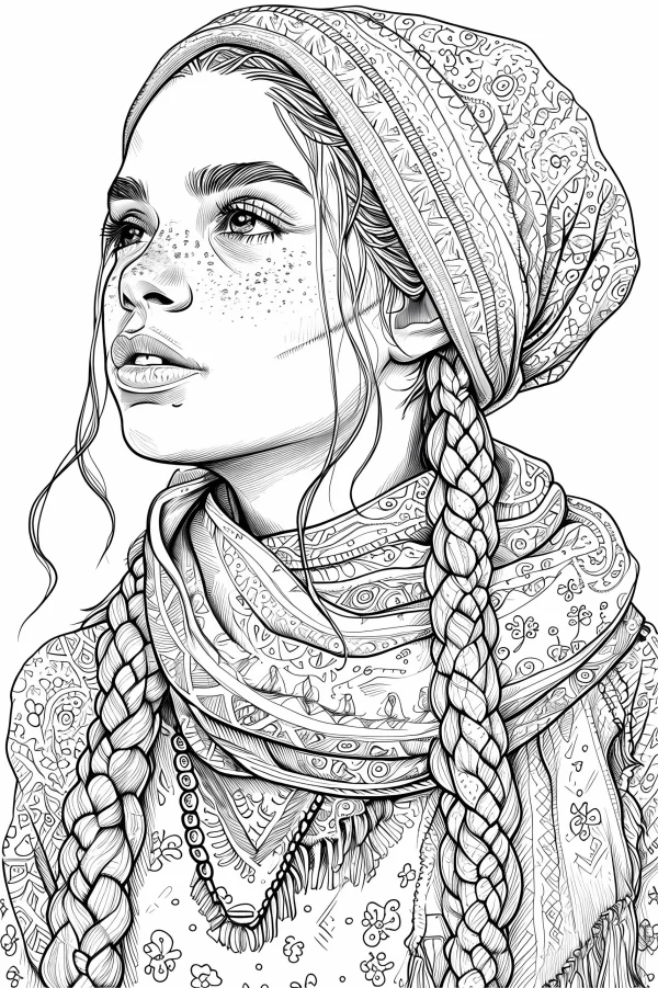 Bohemian style braided girl with headscarf and scarf, realistic line art — free printable bohemian coloring book page