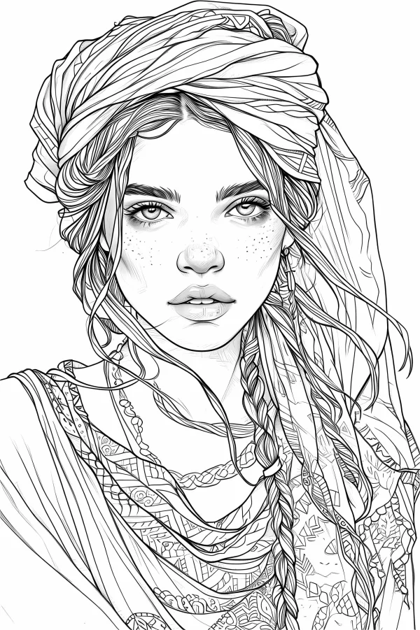 Bohemian style girl with turban and braids, realistic line art — free printable bohemian coloring book page