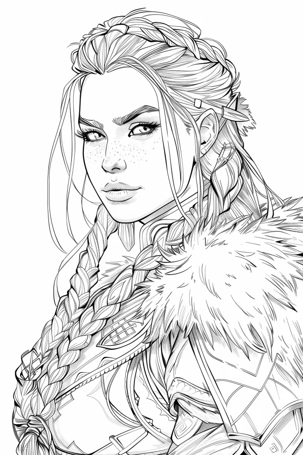 Nordic female warrior, western fantasy style — free printable nordic coloring book page