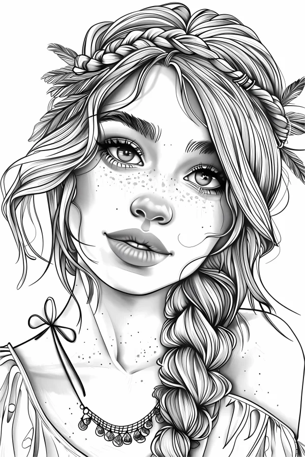 Bohemian braided girl with freckles and feather hair accessories, realistic sketch style — free printable bohemian coloring book page
