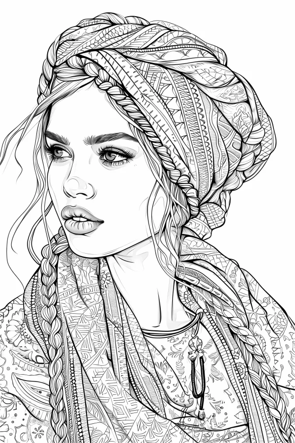 Bohemian style girl with headscarf and braids, bohemian art style — free printable bohemian coloring book page