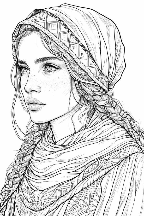 Realistic girl with braids and ethnic headscarf, realistic art style — free printable cultural theme coloring book page