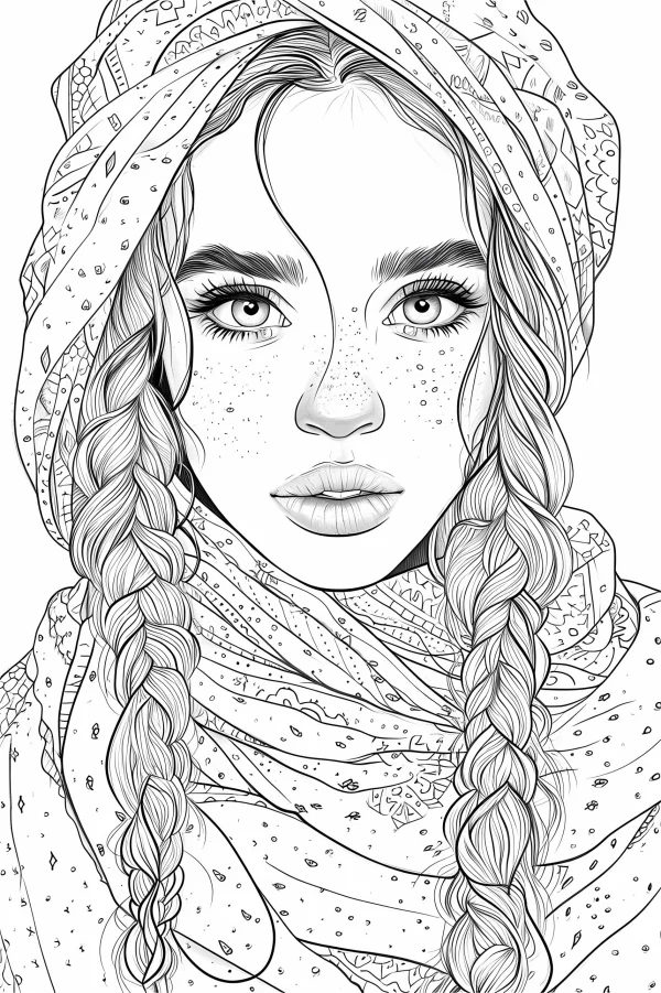 Girl with two braids and patterned headscarf, realistic illustration style — free printable bohemian coloring book page