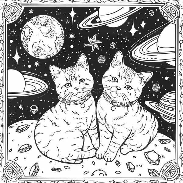Two adorable space cats, cartoon style — free printable universe coloring book page