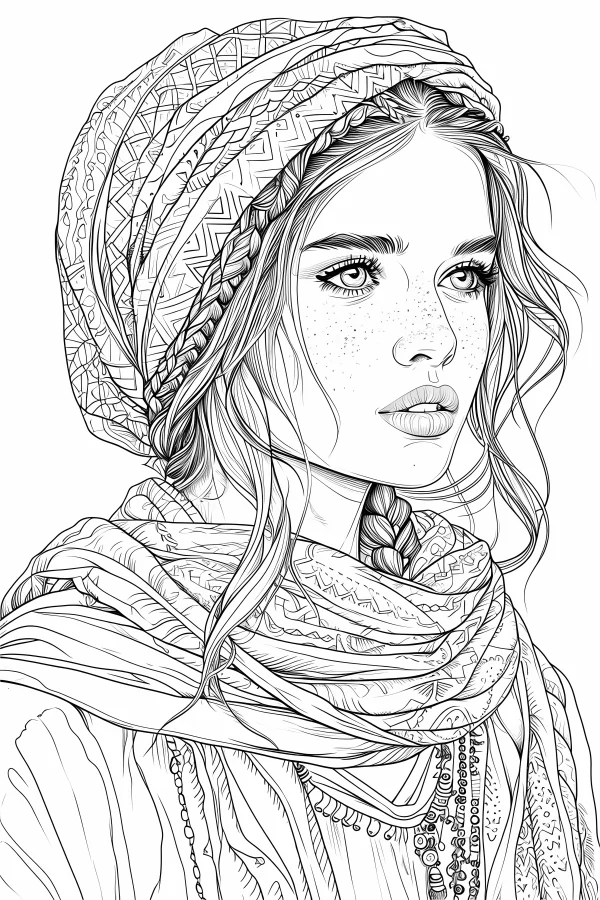 Bohemian style girl with patterned headscarf and scarf, realistic line art — free printable bohemian coloring book page