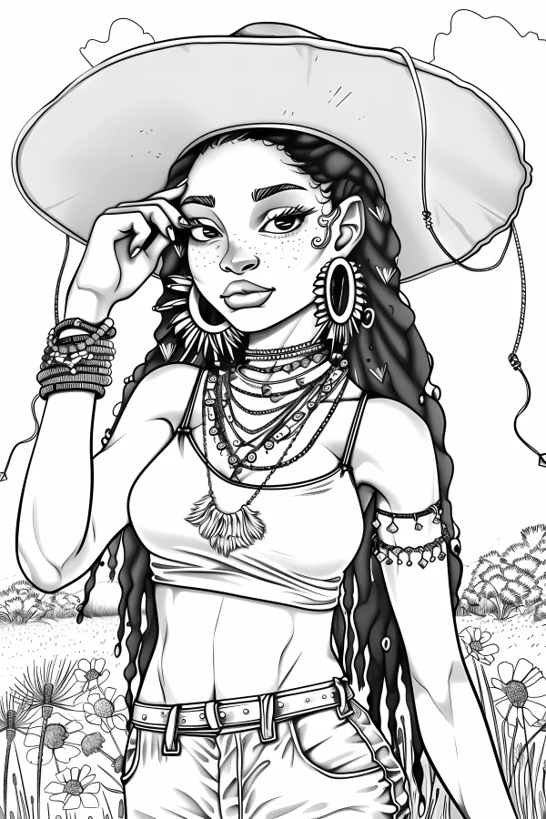 Bohemian style girl with wide-brimmed hat and dreadlocks, realistic line art — free printable bohemian coloring book page