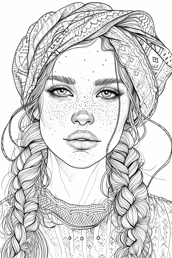 Bohemian style girl with braided hair and freckles, bohemian art style — free printable bohemian coloring book page