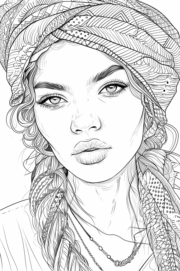Portrait of a woman with bohemian headscarf and braided hair, realistic line art — free printable bohemian coloring book page