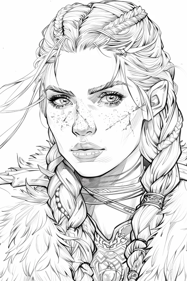 Nordic elf girl with braided hair and freckles, realistic fantasy style — free printable nordic coloring book page