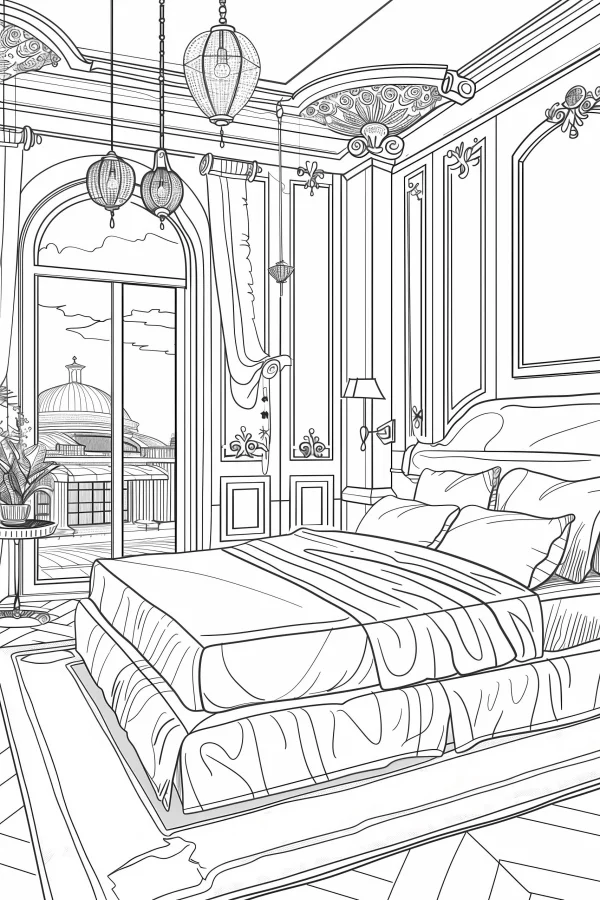 Luxurious european-style bedroom interior scene, realistic illustration style — free printable indoor scene coloring book page