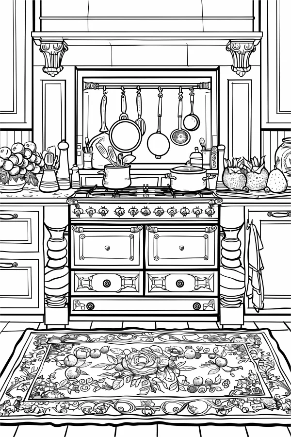 Vintage kitchen scene, retro style — free printable cooking coloring book page