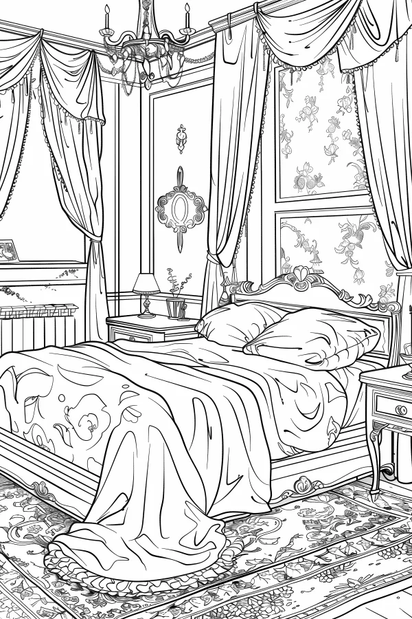 Cozy bedroom scene, realistic style — free printable home living coloring book page