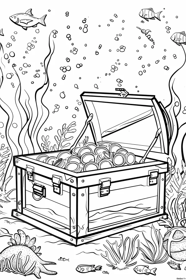 Underwater treasure chest filled with gold coins, cartoon style — free printable treasure hunt coloring book page