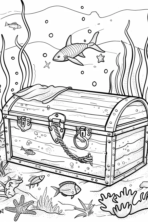 Underwater treasure chest, cartoon style — free printable underwater world coloring book page