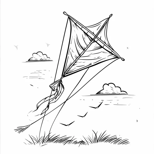 Kite on grass, sketch style — free printable innocence coloring book page