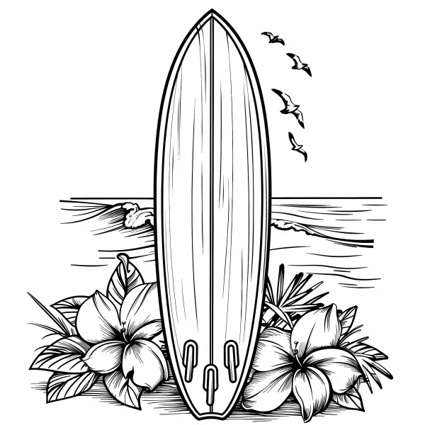 Surfboard on the beach, with hibiscus flowers — free printable summer coloring book page