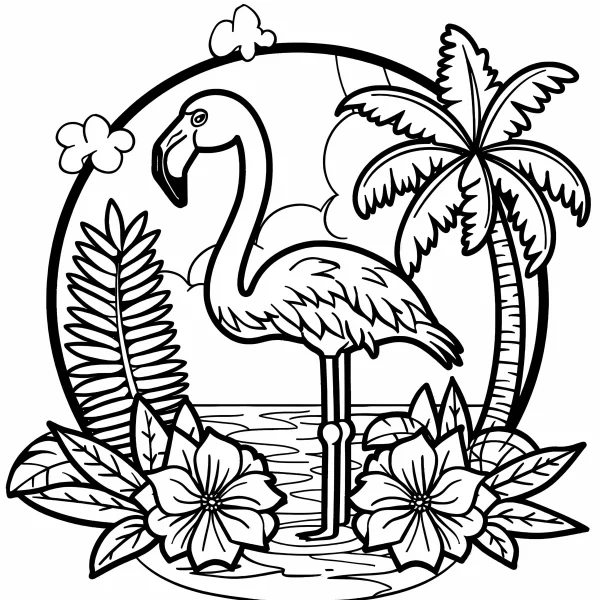 Tropical flamingo standing on beach, cartoon style — free printable tropical style coloring book page