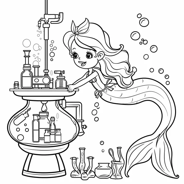 Cute mermaid conducting scientific experiments, cartoon style — free printable science experiments coloring book page