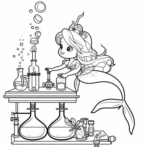 Cute cartoon mermaid doing chemical experiments, cartoon style — free printable science experiments coloring book page