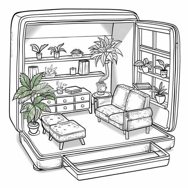 Tiny cozy home interior inside an open suitcase, cartoon style — free printable diy coloring book page