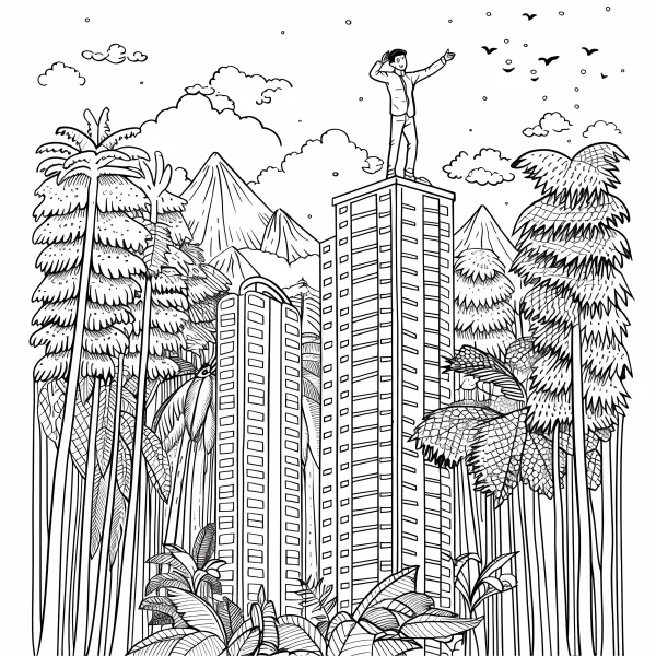 Man standing on top of skyscraper, surrounded by tropical jungle plants and distant mountains — free printable cityscape coloring book page