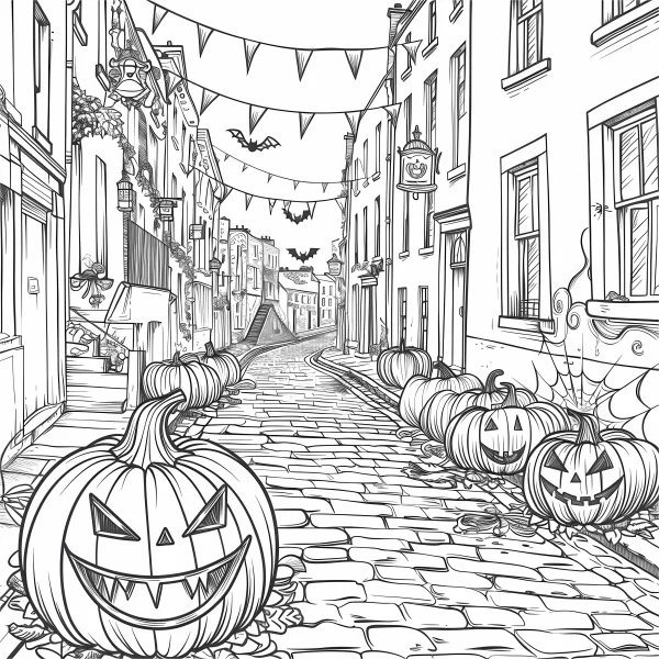 Halloween cobblestone street with jack-o'-lanterns, cartoon style — free printable city street coloring book page