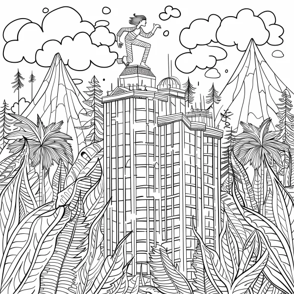 Person running on top of a skyscraper, fantasy scene surrounded by mountains — free printable urban architecture coloring book page