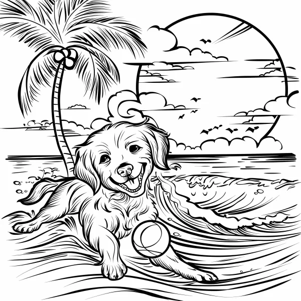 Happy golden retriever puppy on beach, cartoon style — free printable summer coloring book page