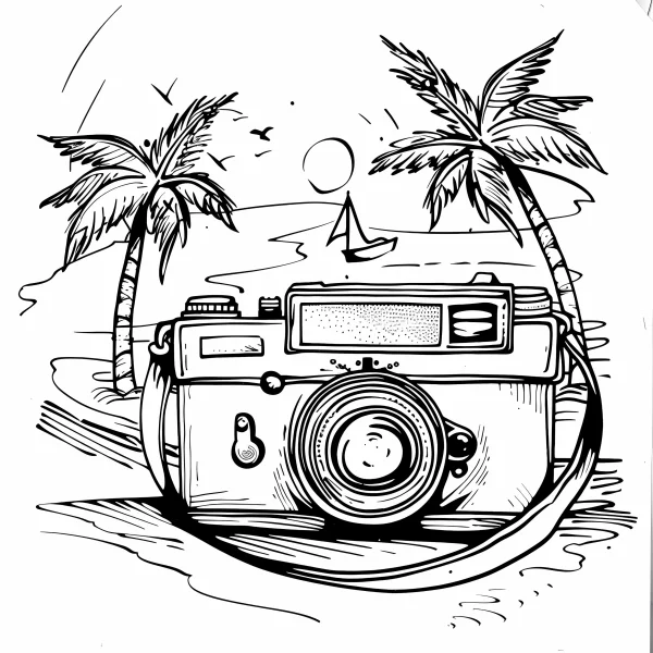 Vintage camera on the beach, hand-drawn illustration style — free printable photography coloring book page