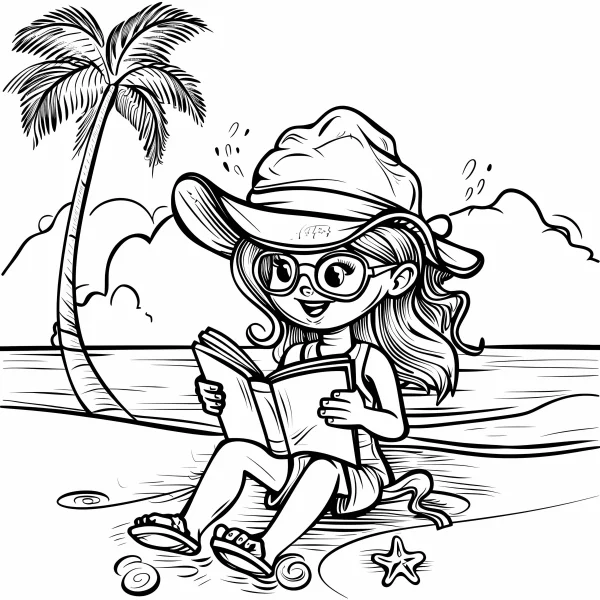 Cartoon girl reading a book on the beach, wearing wide-brim hat and round glasses — free printable summer coloring book page