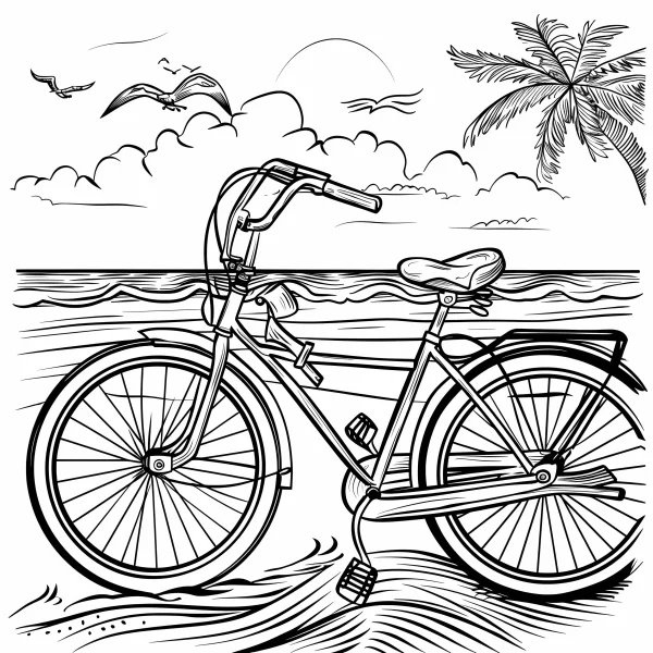 Seaside bicycle, sketch style — free printable cycling coloring book page
