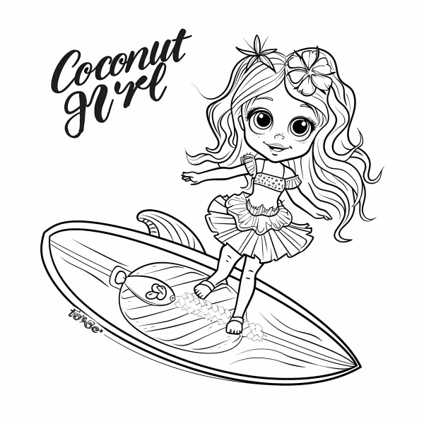 Cute cartoon coconut girl with tropical flower in hair surfing on a decorated surfboard, cartoon style — free printable summer coloring book page