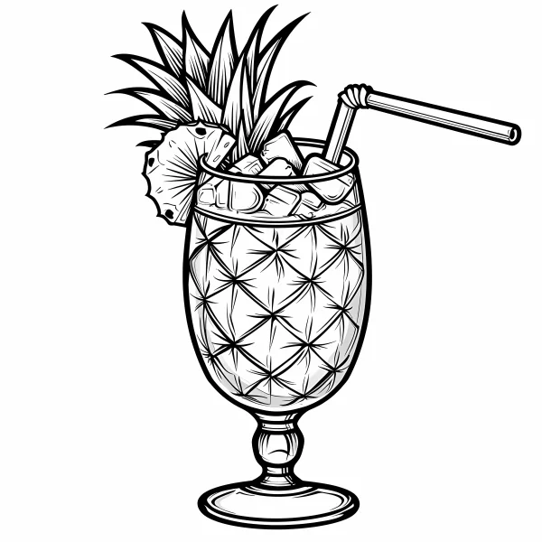 Pineapple iced drink in glass, realistic line art — free printable summer coloring book page