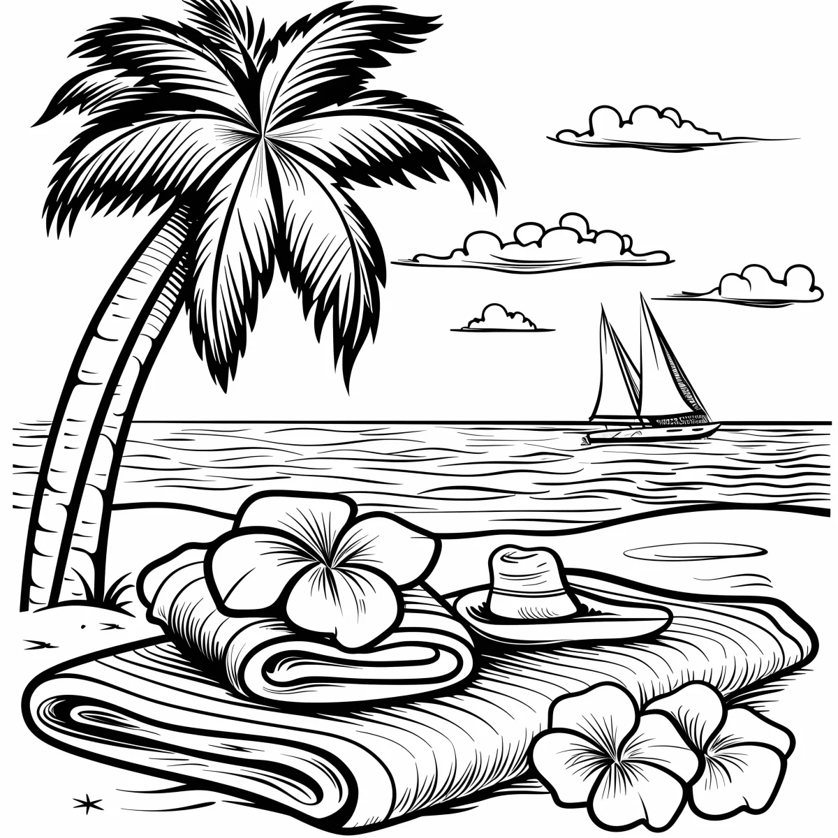 Beach vacation scene with coconut tree, plumeria flowers — cartoon style — moderate detail — line art coloring page — for kids and adults of all ages