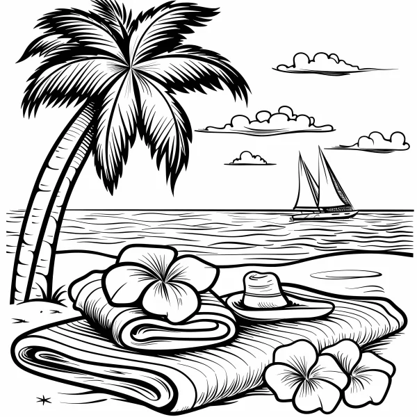 Beach vacation scene with coconut tree, plumeria flowers — free printable beach coloring book page