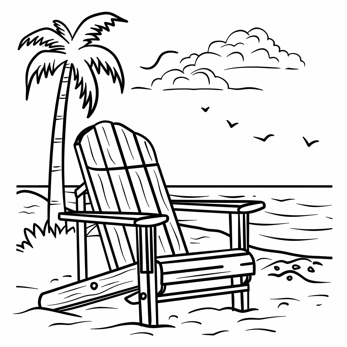 Beach outdoor lounge chair, cartoon style — cartoon style — beginner-friendly — line art coloring page — for kids and adults of all ages