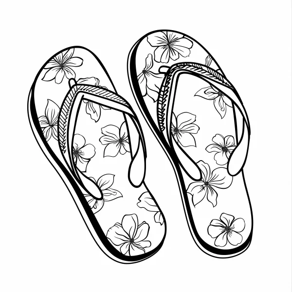 Flip flops with hibiscus flower patterns, line art style — free printable summer coloring book page