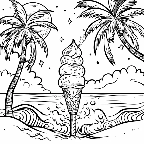 Giant ice cream cone on beach, cartoon style — free printable summer coloring book page