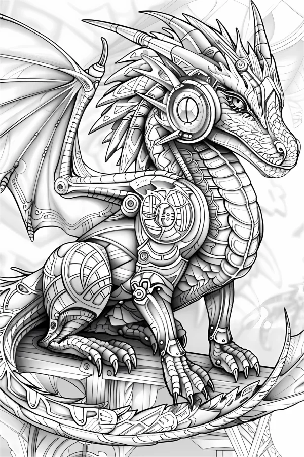 Steampunk mechanical dragon, steampunk fantasy style — free printable dragon coloring book page