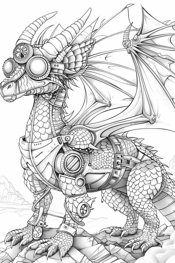 Steampunk mechanical dragon, steampunk style — free printable dragon coloring book page