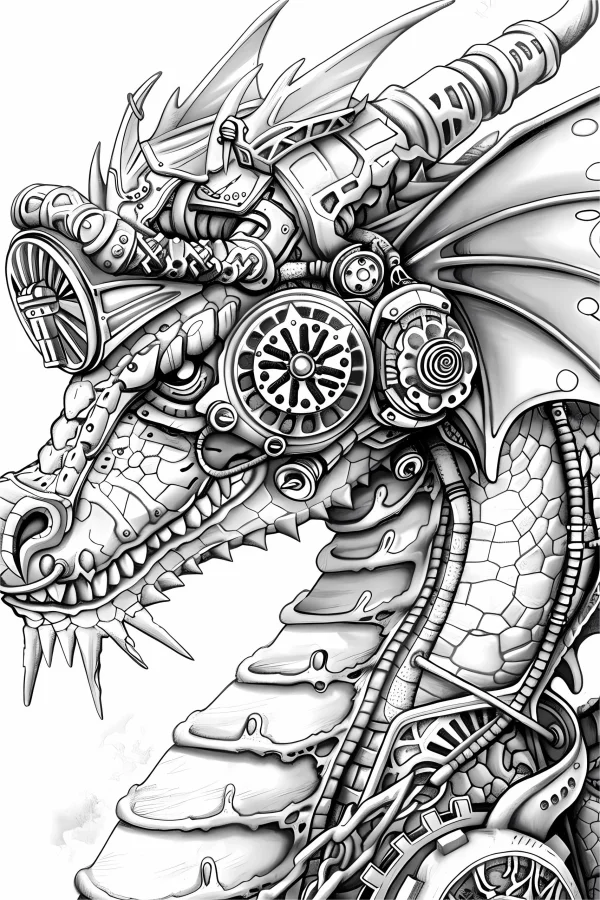 Steampunk mechanical dragon head, steampunk art style — free printable dragon coloring book page