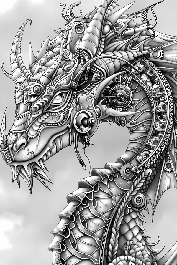 Steampunk mechanical dragon head, steampunk style — free printable dragon coloring book page