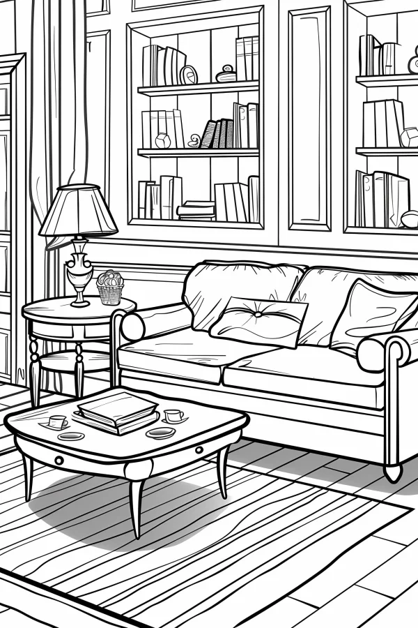 Cozy living room scene with sofa, coffee table — free printable home living coloring book page