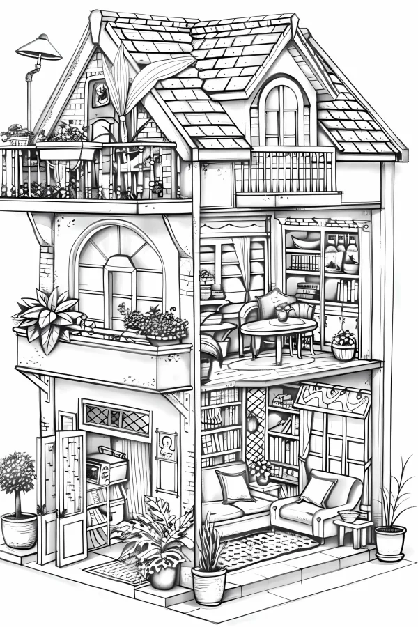 Cross-section cozy home cottage with interior furniture and potted plants, realistic line art style — free printable cabin coloring book page