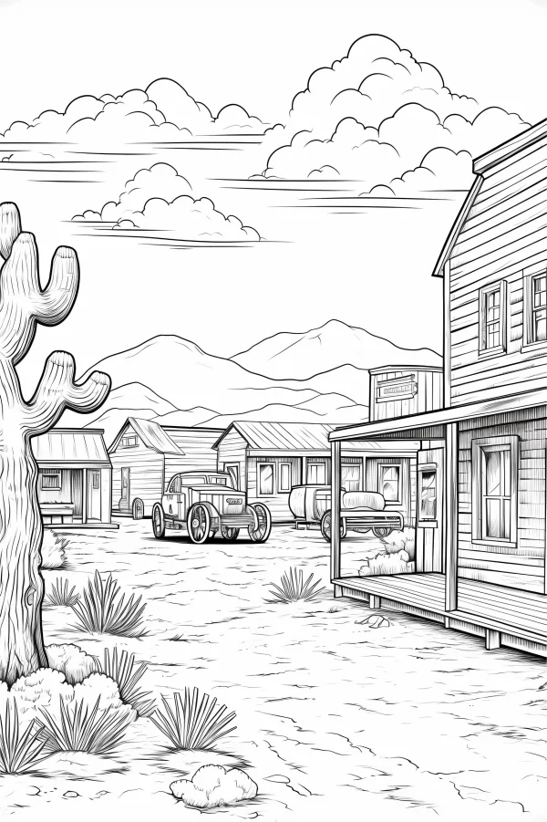 Western desert town scene, realistic line art style — free printable desert coloring book page