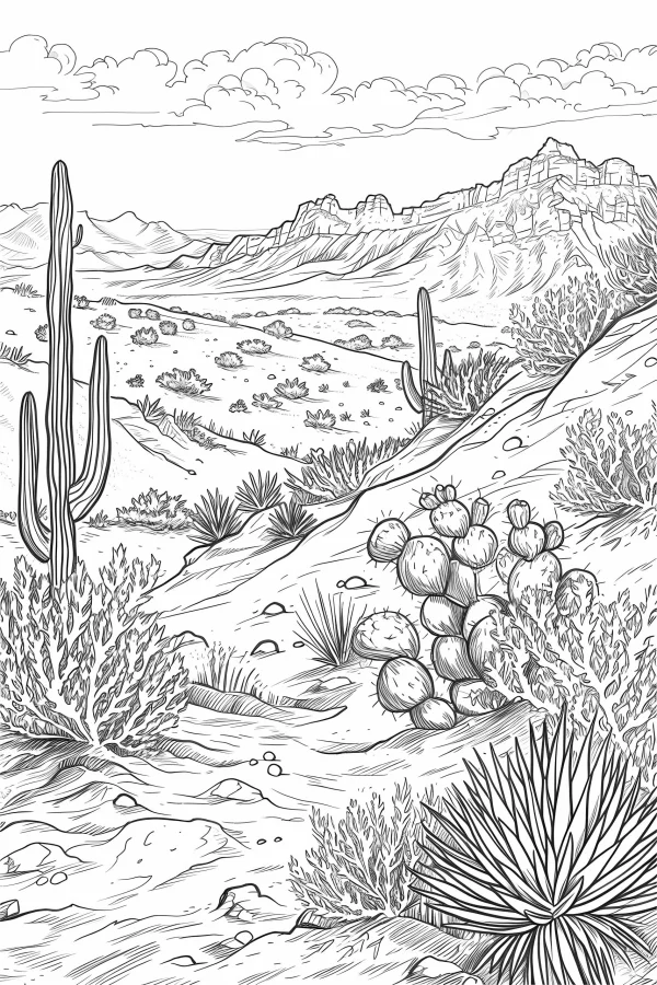 Desert cactus plant community, realistic sketch style — free printable desert coloring book page