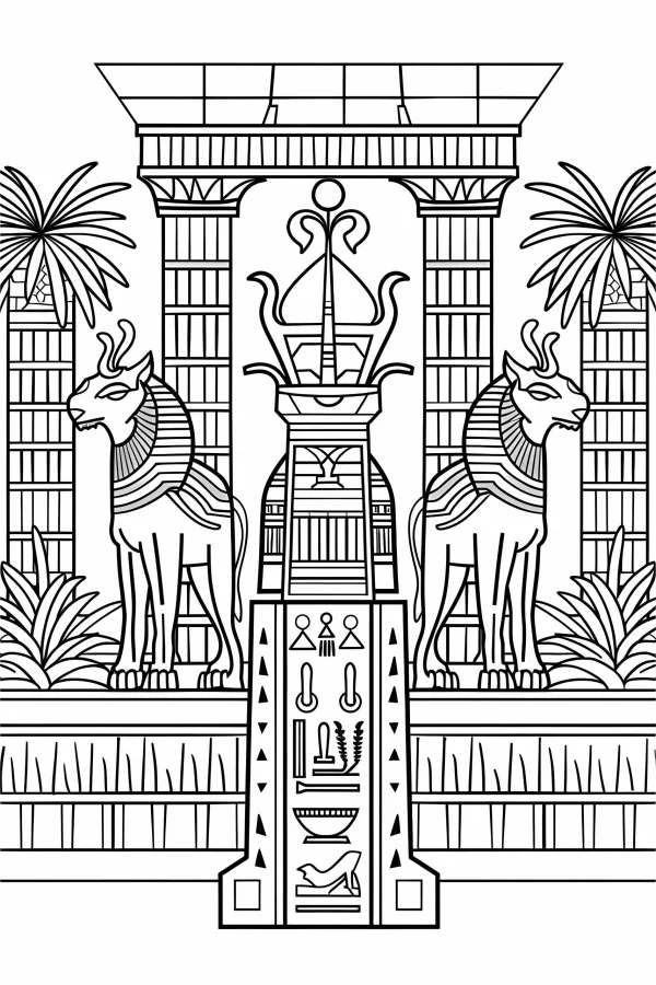 Ancient egyptian ram-headed sphinx creatures with palm trees and hieroglyphs, egyptian cultural style — free printable egyptian culture coloring book page