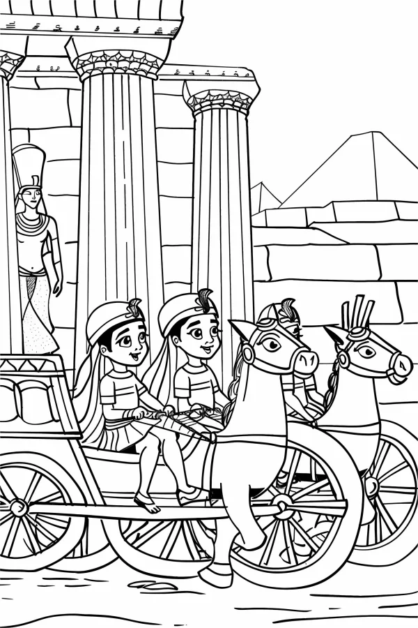Ancient egyptian children riding chariot with horses, cartoon style — free printable egyptian culture coloring book page