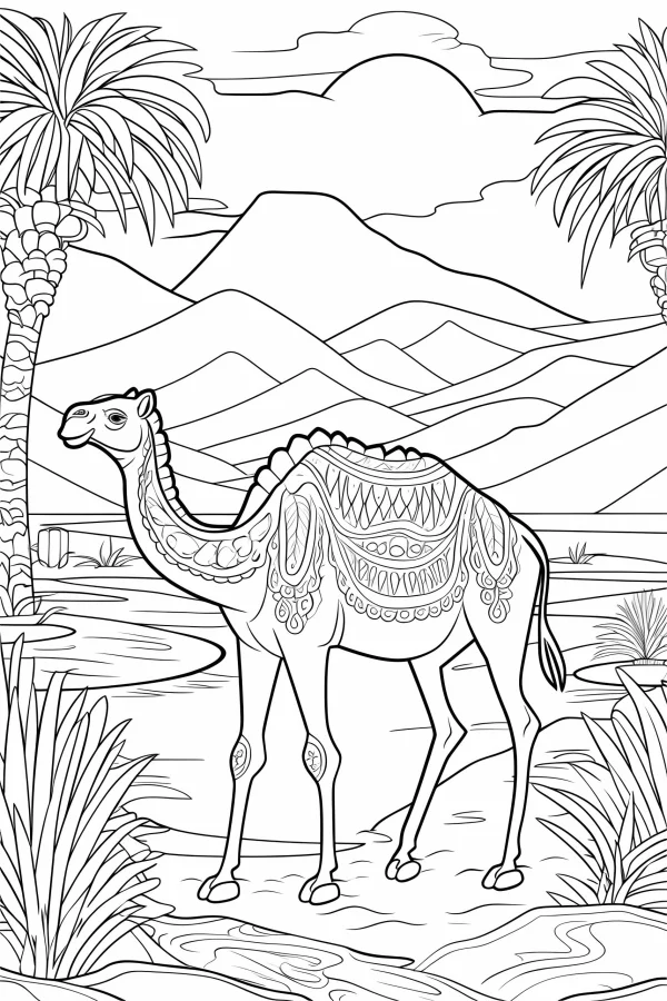 Dromedary camel with ethnic decorative patterns in desert landscape, realistic  featuring palm trees — free printable middle east coloring book page